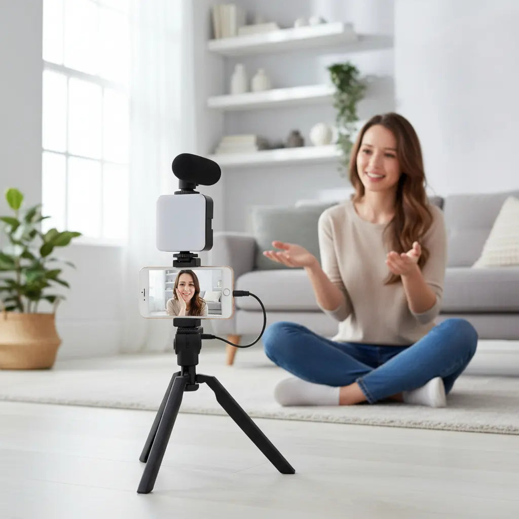 Mini Trípode para Celular con Luz LED y Micrófono | Kit para Videos, Streaming, TikTok y YouTube