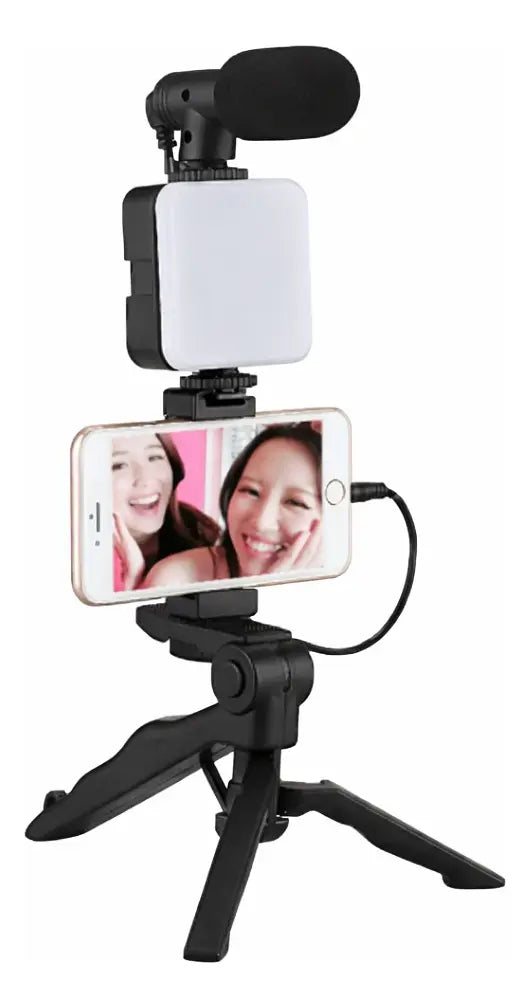 Mini Trípode para Celular con Luz LED y Micrófono | Kit para Videos, Streaming, TikTok y YouTube